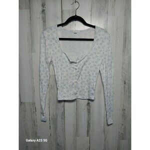 Aeropostale Long Sleeve Thermal Cropped Top Medium White With Blue Teddy Bears